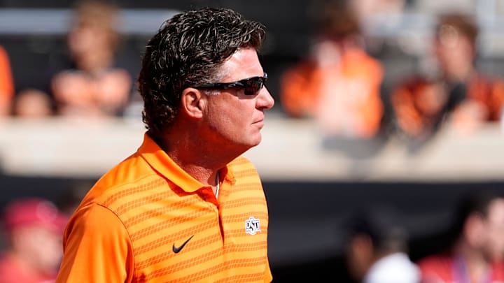 Oklahoma State head coach Mike Gundy is pictured before the college football game between the Oklahoma State Cowboys and the Arkansas Razorbacks at Boone Pickens Stadium in Stillwater, Okla.,, Saturday, Sept., 7, 2024.