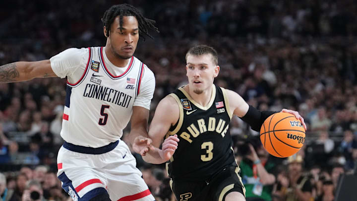 Connecticut Huskies guard Stephon Castle (5) guards Purdue Boilermakers guard Braden Smith (3) during the 2024 title game. Connecticut Huskies guard Stephon Castle (5) guards Purdue Boilermakers guard Braden Smith (3) during the 2024 title game.
