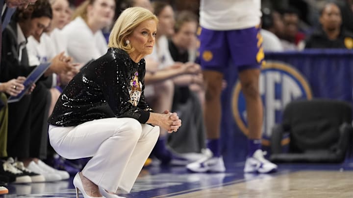 Mar 7, 2026; Greenville, SC, USA; Louisiana State Tigers head coach Kim Mulkey during the first half against the South Carolina Gamecocks at Bon Secours Wellness Arena. Mandatory Credit: Jim Dedmon-Imagn Images