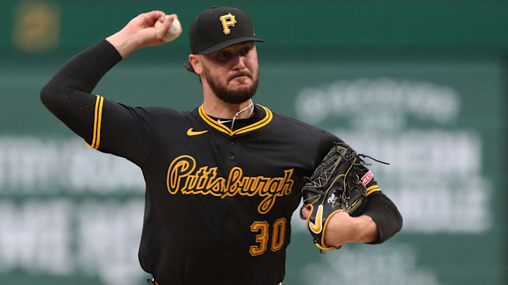 Apr 14, 2025; Pittsburgh, Pennsylvania, USA;  Pittsburgh Pirates starting pitcher Paul Skenes (30) delivers a pitch against the Washington Nationals during the first inning at PNC Park. Mandatory Credit: Charles LeClaire-Imagn Images