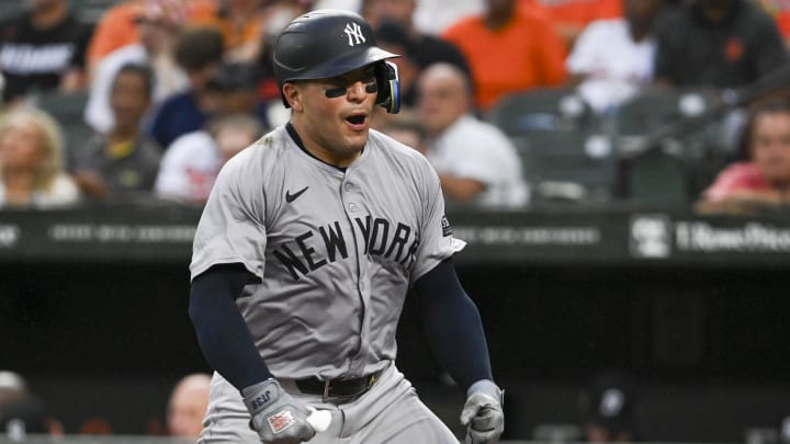 Jul 12, 2024; Baltimore, Maryland, USA;  New York Yankees catcher Jose Trevino (39) reacts after scoring in the second inning against the Baltimore Orioles at Oriole Park at Camden Yards. Mandatory Credit: Tommy Gilligan-USA TODAY Sports