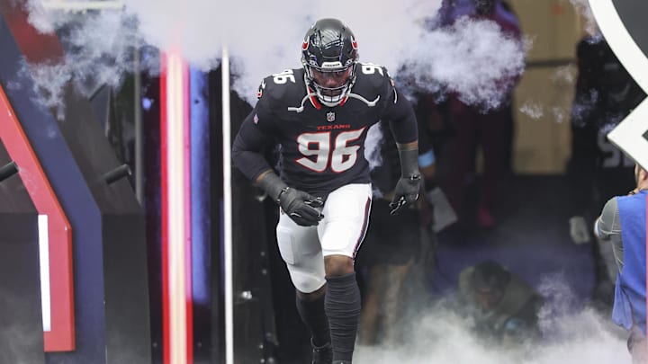 Oct 27, 2024; Houston, Texas, USA; Houston Texans defensive end Denico Autry (96) runs onto the field before the game against the Indianapolis Colts at NRG Stadium. Mandatory Credit: Troy Taormina-Imagn Images