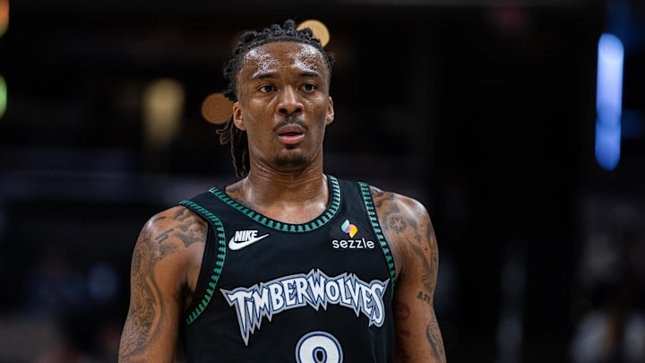 Apr 7, 2026; Indianapolis, Indiana, USA; Minnesota Timberwolves guard Bones Hyland (8) looks on in the second half against the Indiana Pacers at Gainbridge Fieldhouse.