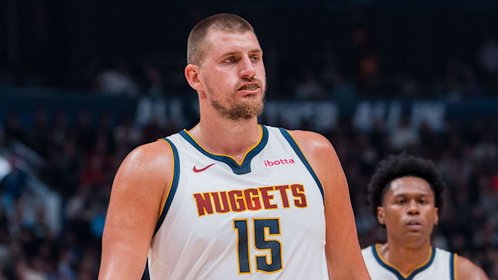 Oct 6, 2025; Vancouver, British Columbia, CAN; Denver Nuggets center Nikola Jokic (15) during a stop in play against the Toronto Raptors in the second half at Rogers Arena. Mandatory Credit: Bob Frid-Imagn Images Oct 6, 2025; Vancouver, British Columbia, CAN; Denver Nuggets center Nikola Jokic (15) during a stop in play against the Toronto Raptors in the second half at Rogers Arena. Mandatory Credit: Bob Frid-Imagn Images