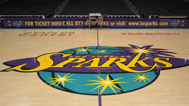 Aug 19, 2011; Los Angeles, CA, USA: General view of the Los Angeles Sparks logo at midcourt before the WNBA game against the Indiana Fever the Staples Center. Mandatory Credit: Kirby Lee/Image of Sport-Imagn Images