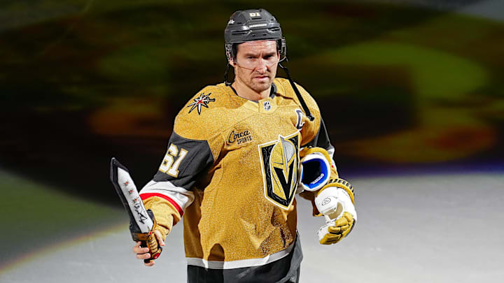 Oct 22, 2024; Las Vegas, Nevada, USA; Vegas Golden Knights right wing Mark Stone (61) is named Second Star of the Game after the Golden Knights defeated the Los Angeles Kings at T-Mobile Arena. Mandatory Credit: Stephen R. Sylvanie-Imagn Images