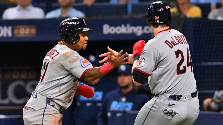 Oct 12, 2026; St. Petersburg, Florida, USA; Cleveland Guardians third baseman Jose Ramirez (11) and outfielder Chase DeLauter (24) celebrate after scoring runs against the Tampa Bay Rays during the eighth inning in game one of the ALCS for the 2026 MLB Playoffs at Tropicana Field. Mandatory Credit: Pablo Robles-Imagn Images Oct 12, 2026; St. Petersburg, Florida, USA; Cleveland Guardians third baseman Jose Ramirez (11) and outfielder Chase DeLauter (24) celebrate after scoring runs against the Tampa Bay Rays during the eighth inning in game one of the ALCS for the 2026 MLB Playoffs at Tropicana Field. Mandatory Credit: Pablo Robles-Imagn Images