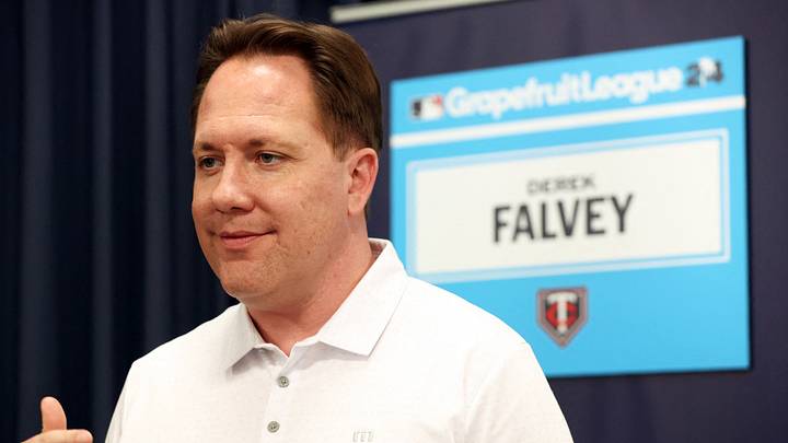 Feb 15, 2024; Tampa, FL, USA; Minnesota Twins president of baseball operations Derek Falvey talks with media at George M. Steinbrenner Field. Mandatory Credit: Kim Klement Neitzel-USA TODAY Sports Feb 15, 2024; Tampa, FL, USA; Minnesota Twins president of baseball operations Derek Falvey talks with media at George M. Steinbrenner Field. Mandatory Credit: Kim Klement Neitzel-USA TODAY Sports