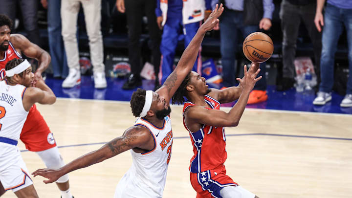 Apr 20, 2024; New York, New York, USA; Philadelphia 76ers guard Tyrese Maxey (0) drives past New Apr 20, 2024; New York, New York, USA; Philadelphia 76ers guard Tyrese Maxey (0) drives past New