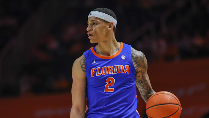 Jan 16, 2024; Knoxville, Tennessee, USA; Florida Gators guard Riley Kugel (2) brings the ball up the court