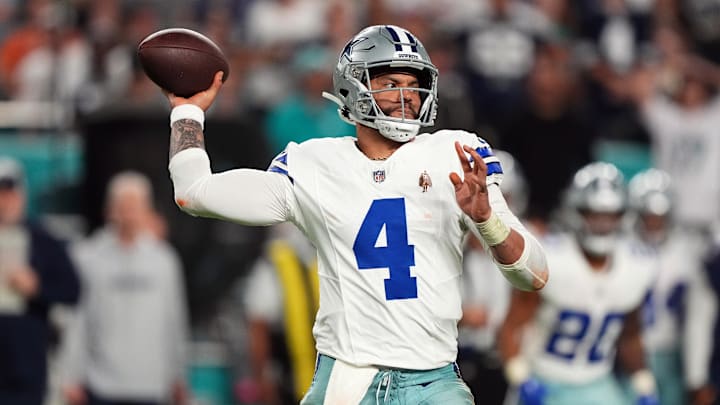 Dec 24, 2023; Miami Gardens, Florida, USA; Dallas Cowboys quarterback Dak Prescott (4) attempts a pass against the Miami Dolphins during the second half at Hard Rock Stadium. Mandatory Credit: Jasen Vinlove-USA TODAY Sports
