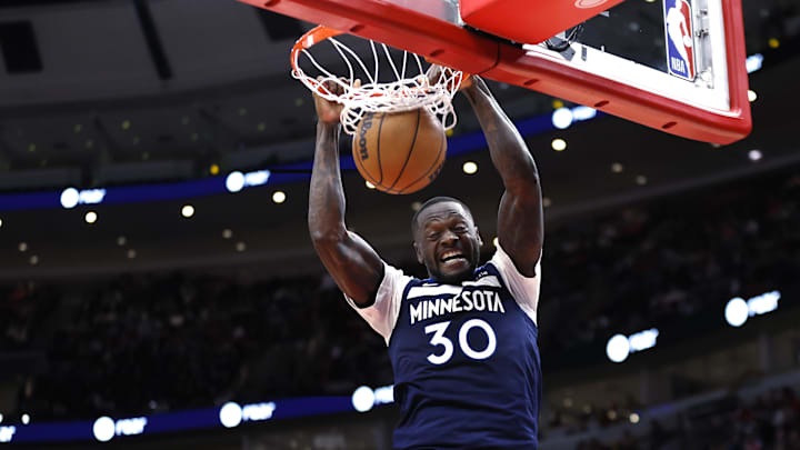 Oct 16, 2024; Chicago, Illinois, USA; Minnesota Timberwolves forward Julius Randle (30) scores against the Chicago Bulls during the first half at United Center. Mandatory Credit: Kamil Krzaczynski-Imagn Images