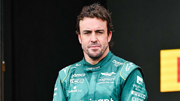 Jun 18, 2023; Montreal, Quebec, CAN; Aston Martin driver Fernando Alonso (ESP) stands on the podium Jun 18, 2023; Montreal, Quebec, CAN; Aston Martin driver Fernando Alonso (ESP) stands on the podium