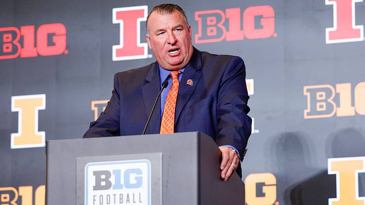 Jul 28, 2026; Chicago, IL, USA; Illinois Football head coach Bret Bielema speaks during Media Days at Hilton Chicago. Mandatory Credit: Kamil Krzaczynski-Imagn Images