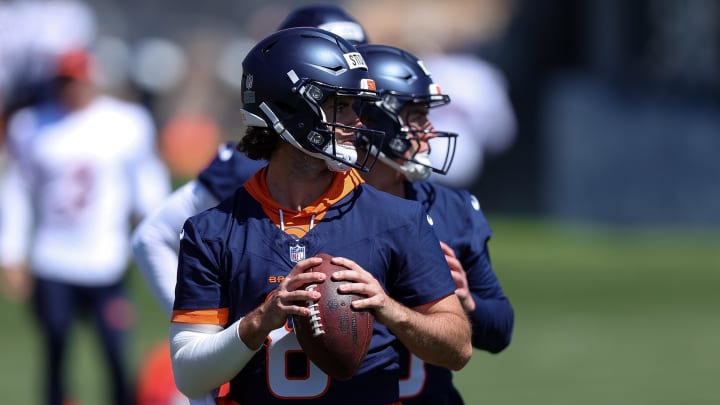 May 23, 2024; Englewood, CO, USA; Denver Broncos quarterback Jarrett Stidham (8) and quarterback Bo Nix (10) during organized team activities at Centura Health Training Center. Mandatory Credit: Isaiah J. Downing-USA TODAY Sports
