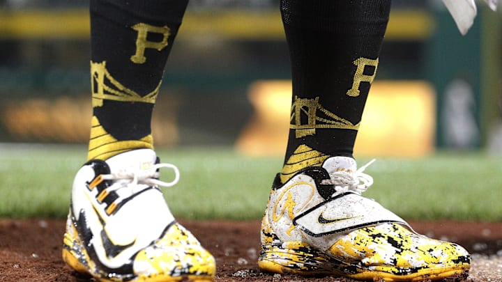 Sep 26, 2017; Pittsburgh, PA, USA; Detail view of the shoes and socks worn by Pittsburgh Pirates