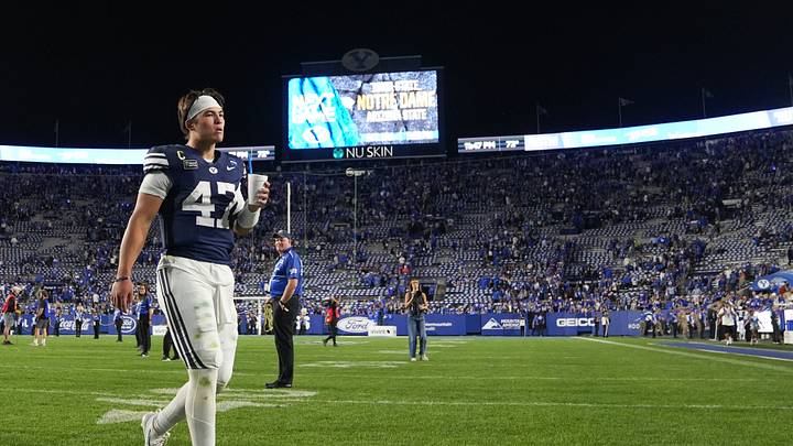 Oct 9, 2026; Provo, Utah, USA;  BYU Cougars quarterback Bear Bachmeier (47) walks off the field after a win over the Iowa State Cyclones at LaVell Edwards Stadium.  Mandatory Credit: Aaron Baker-Imagn Images