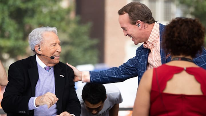 Peyton Manning greets Lee Corso during ESPN's College GameDay show