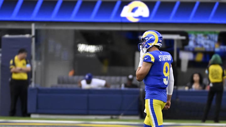 Oct 20, 2024; Inglewood, California, USA; Los Angeles Rams quarterback Matthew Stafford (9) walks back to the huddle after the two-minute warning against the Las Vegas Raiders in the second half at SoFi Stadium. Mandatory Credit: Alex Gallardo-Imagn Images