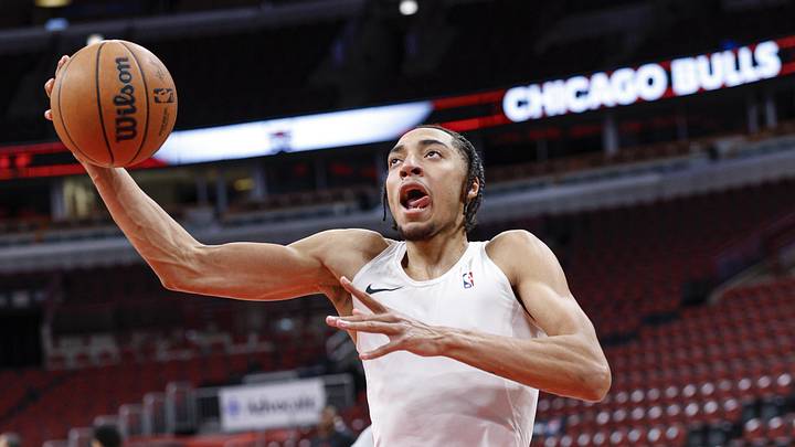 Oct 27, 2025; Chicago, Illinois, USA; Chicago Bulls forward Noa Essengue (24) warms up before an NBA game against the Atlanta Hawks at United Center. Mandatory Credit: Kamil Krzaczynski-Imagn Images