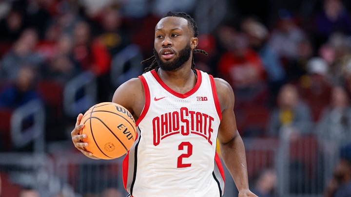 Mar 12, 2026; Chicago, IL, USA; Ohio State Buckeyes guard Bruce Thornton (2) brings the ball up court against the Iowa Hawkeyes during the second half at United Center. Mandatory Credit: Kamil Krzaczynski-Imagn Images