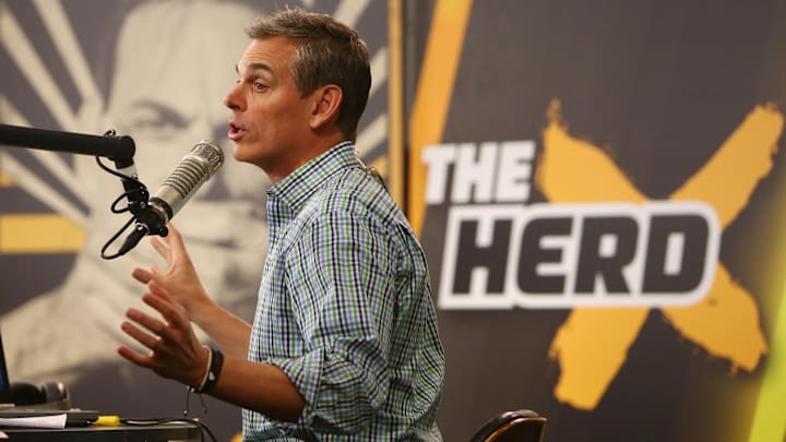 Feb 1, 2016; San Francisco, CA, USA; Radio personality Colin Cowherd broadcasts on radio row at the Moscone Center in advance of Super Bowl 50 between the Carolina Panthers and the Denver Broncos. Mandatory Credit: Jerry Lai-Imagn Images Feb 1, 2016; San Francisco, CA, USA; Radio personality Colin Cowherd broadcasts on radio row at the Moscone Center in advance of Super Bowl 50 between the Carolina Panthers and the Denver Broncos. Mandatory Credit: Jerry Lai-Imagn Images