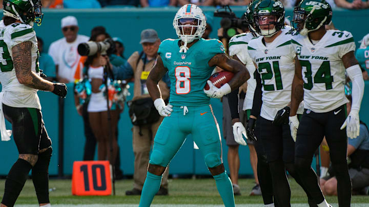 Miami Dolphins safety Jevon Holland (8) reacts after receiving a fair catch in the fourth quarter during the football game between the New York Jets and host Miami Dolphins at Hard Rock Stadium on Sunday, January 8, 2023, in Miami Gardens, FL. Miami Dolphins safety Jevon Holland (8) reacts after receiving a fair catch in the fourth quarter during the football game between the New York Jets and host Miami Dolphins at Hard Rock Stadium on Sunday, January 8, 2023, in Miami Gardens, FL.