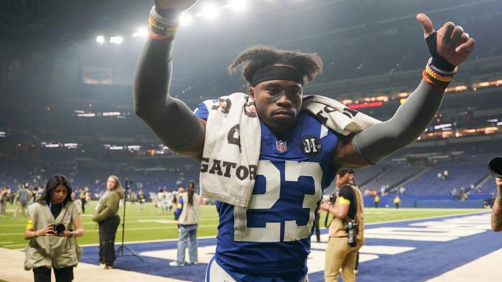 Oct 26, 2025; Indianapolis, Indiana, USA;  Indianapolis Colts cornerback Kenny Moore II (23) celebrates after the game against the Tennessee Titans at Lucas Oil Stadium. Mandatory Credit: Robert Goddin-Imagn Images