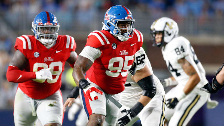 Oct 28, 2023; Oxford, Mississippi, USA; Mississippi Rebels defensive linemen Akelo Stone (95) during the first half against the Vanderbilt Commodores at Vaught-Hemingway Stadium. Mandatory Credit: Petre Thomas-Imagn Images
