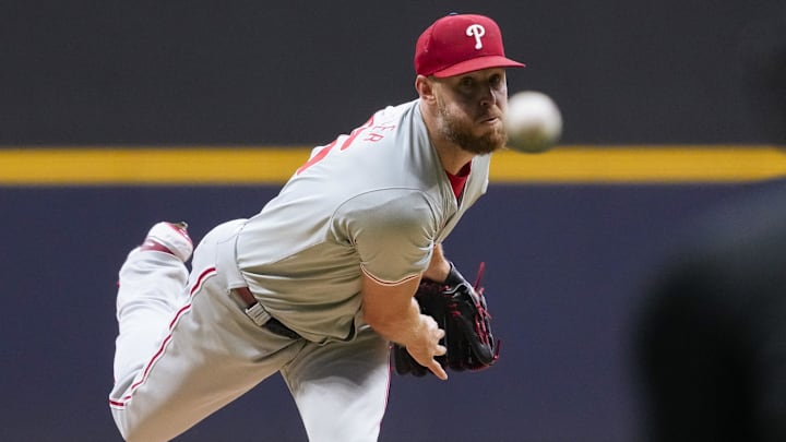 Sep 17, 2024; Milwaukee, Wisconsin, USA;  Philadelphia Phillies pitcher Zack Wheeler (45) throws a pitch during the first inning against the Milwaukee Brewers.