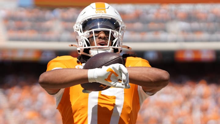 Tennessee wide receiver Chris Brazzell II (17) celebrates after scoring a touchdown against UAB in an NCAA college football game on September 20, 2025, in Knoxville, Tennessee.