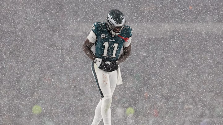 Jan 19, 2025; Philadelphia, Pennsylvania, USA; Philadelphia Eagles wide receiver A.J. Brown (11) takes the field for a play against the Los Angeles Rams during the third quarter in a 2025 NFC divisional round game at Lincoln Financial Field. Mandatory Credit: Bill Streicher-Imagn Images Jan 19, 2025; Philadelphia, Pennsylvania, USA; Philadelphia Eagles wide receiver A.J. Brown (11) takes the field for a play against the Los Angeles Rams during the third quarter in a 2025 NFC divisional round game at Lincoln Financial Field. Mandatory Credit: Bill Streicher-Imagn Images