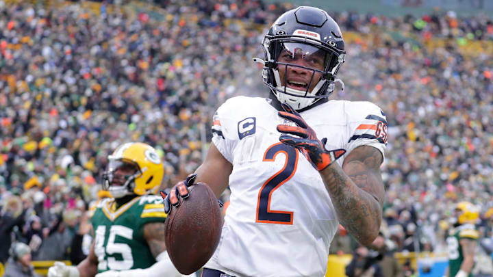 Chicago Bears wide receiver DJ Moore (2) scores a touchdown on a reception against the Green Bay Packers in the fourth quarter during their football game Sunday, January 5, 2025, at Lambeau Field in Green Bay, Wisconsin.