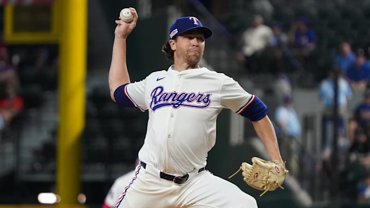 Jun 14, 2025; Arlington, Texas, USA; Texas Rangers pitcher Jacob deGrom (48) throws to the plate during the first inning against the Chicago White Sox at Globe Life Field.