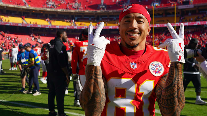 Oct 19, 2025; Kansas City, Missouri, USA; Kansas City Chiefs wide receiver Nikko Remigio (81) celebrates after defeating the against the Las Vegas Raiders in the game at GEHA Field at Arrowhead Stadium. Mandatory Credit: Denny Medley-Imagn Images Oct 19, 2025; Kansas City, Missouri, USA; Kansas City Chiefs wide receiver Nikko Remigio (81) celebrates after defeating the against the Las Vegas Raiders in the game at GEHA Field at Arrowhead Stadium. Mandatory Credit: Denny Medley-Imagn Images