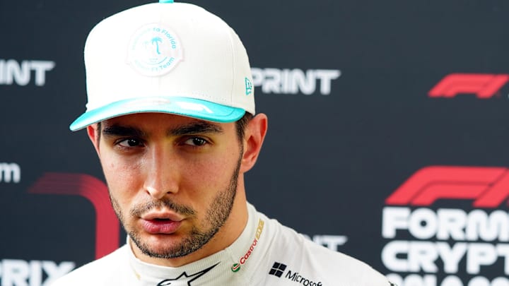 May 3, 2024; Miami Gardens, Florida, USA; Alpine driver Esteban Ocon (31) talks with the media after F1 Sprint Qualifying at Miami International Autodrome. Mandatory Credit: John David Mercer-USA TODAY Sports
