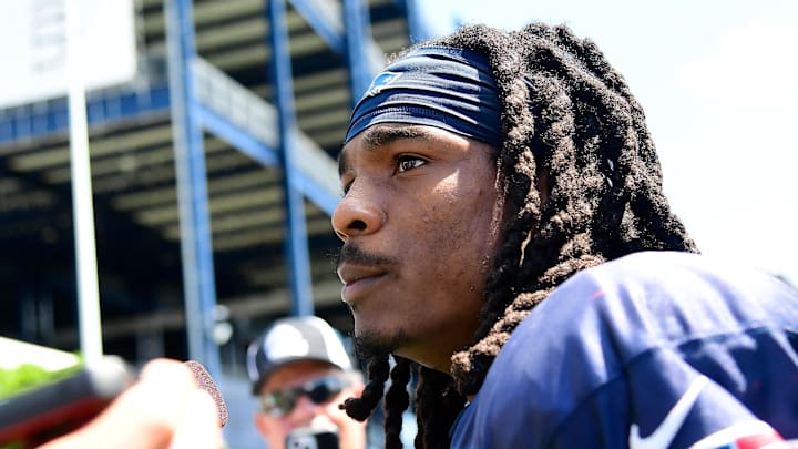 Aug 1, 2023; Foxborough, MA, USA; New England Patriots safety Kyle Dugger (23) answers questions from the media during a press conference at training camp at Gillette Stadium. Mandatory Credit: Eric Canha-Imagn Images