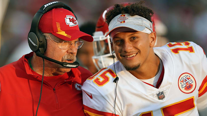 Aug 14, 2021; Santa Clara, California, USA; Kansas City Chiefs head coach Andy Reid talks to quarterback Patrick Mahomes (15) during the third quarter against the San Francisco 49ers at Levi's Stadium. Mandatory Credit: Darren Yamashita-USA TODAY Sports
