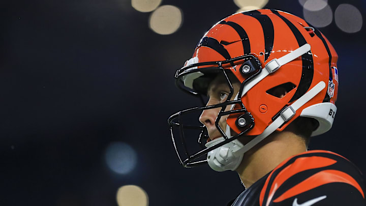 Sep 23, 2024; Cincinnati, Ohio, USA; Cincinnati Bengals quarterback Joe Burrow (9) stands on the field during warmups before the game against the Washington Commanders at Paycor Stadium. Mandatory Credit: Katie Stratman-Imagn Images