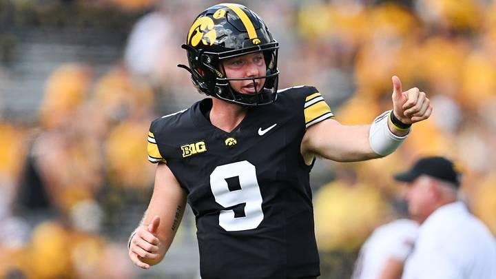 Sep 5, 2026; Iowa City, Iowa, USA; Iowa Hawkeyes quarterback Hank Brown (9) warms up before the game against the Northern Illinois Huskies at Kinnick Stadium. Mandatory Credit: Jeffrey Becker-Imagn Images Sep 5, 2026; Iowa City, Iowa, USA; Iowa Hawkeyes quarterback Hank Brown (9) warms up before the game against the Northern Illinois Huskies at Kinnick Stadium. Mandatory Credit: Jeffrey Becker-Imagn Images