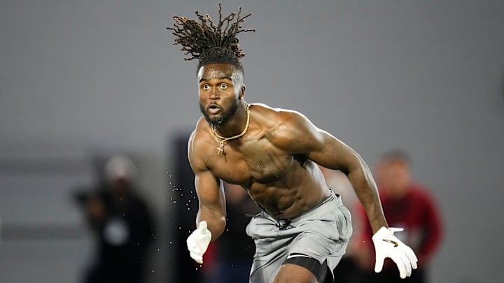 Ohio State Buckeyes cornerback Denzel Burke works out during the pro day for NFL scouts at the Woody Hayes Athletic Cente on March 26, 2025.