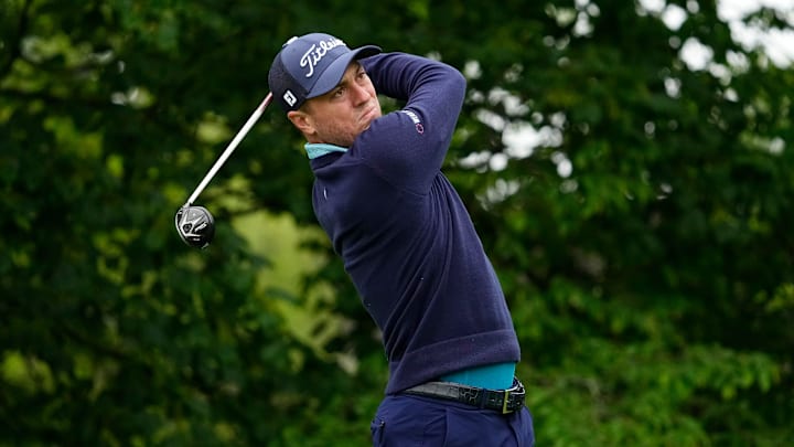 Justin Thomas tees off on 14 during the Workday Golden Bear Pro-Am at Muirfield Village Golf Club in Dublin, Ohio on May 28, 2025.