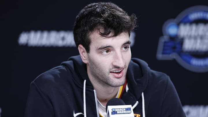 Mar 26, 2026; Chicago, IL, USA; Iowa State Cyclones forward Milan Momcilovic (22) speaks ahead of the Midwest regional of the men's 2026 NCAA Tournament at United Center.