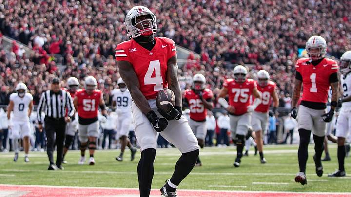 Ohio State receiver Jeremiah Smith celebrates a touchdown against Penn State