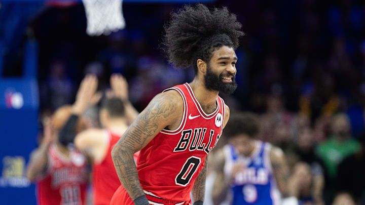 Dec 18, 2023; Philadelphia, Pennsylvania, USA; Chicago Bulls guard Coby White (0) reacts after a defensive stop against the Philadelphia 76ers during the fourth quarter at Wells Fargo Center. Mandatory Credit: Bill Streicher-Imagn Images
