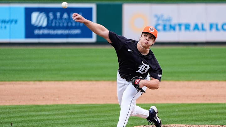 Detroit Tigers pitcher Jackson Jobe throws at batting practice during spring training at Joker Marchant Stadium in Lakeland, Fla. on Thursday, Feb. 20, 2025.