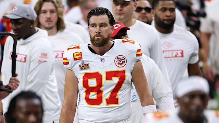 Kansas City Chiefs tight end Travis Kelce (87) looks on before Super Bowl LIX between the Philadelphia Eagles and the Kansas City Chiefs at Caesars Superdome.
