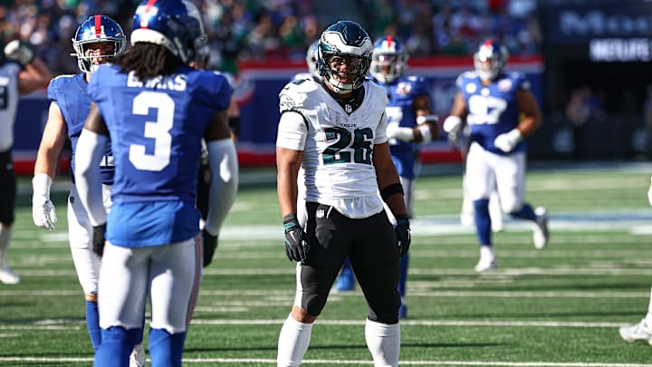 Oct 20, 2024; East Rutherford, New Jersey, USA; Philadelphia Eagles running back Saquon Barkley (26) reacts after a long run during the second half against the New York Giants at MetLife Stadium. Mandatory Credit: Vincent Carchietta-Imagn Images Oct 20, 2024; East Rutherford, New Jersey, USA; Philadelphia Eagles running back Saquon Barkley (26) reacts after a long run during the second half against the New York Giants at MetLife Stadium. Mandatory Credit: Vincent Carchietta-Imagn Images