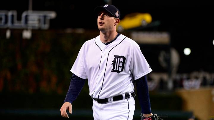 Oct 28, 2012; Detroit, MI, USA; Detroit Tigers starting pitcher Max Scherzer (37) walks back to the dugout as he comes out of the game during the seventh inning of game four of the 2012 World Series against the San Francisco Giants at Comerica Park.  Mandatory Credit: Scott Rovak-USA TODAY Sports