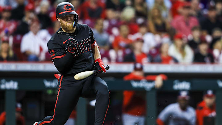 May 2, 2025; Cincinnati, Ohio, USA; Cincinnati Reds outfielder Blake Dunn (59) gets hit by a pitch in the second inning against the Washington Nationals at Great American Ball Park. Mandatory Credit: Katie Stratman-Imagn Images